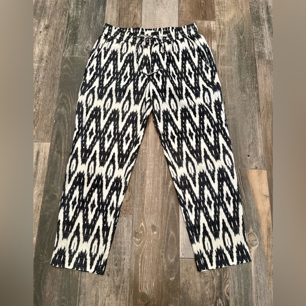 J Crew Linen Blend Drawstring Pants Womens Size 4 Black & Cream Ikat Print